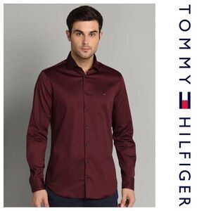 Tommy Hilfiger Button Down Shirt Wine Burgundy Slim Fit Medium